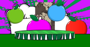 Apple 'ın sunumu için Comic Book Product podyumu. Retro çizgi roman arkaplanı.