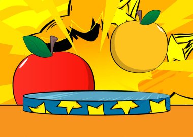 Apple 'ın sunumu için Comic Book Product podyumu. Retro çizgi roman arkaplanı.