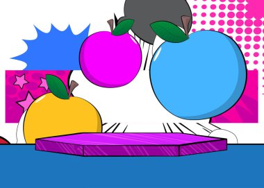 Apple 'ın sunumu için Comic Book Product podyumu. Retro çizgi roman arkaplanı.