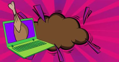 Çizgi dizüstü bilgisayar, tavuk budu ve kalçalı çizgi roman defteri. Retro çizgi roman pop sanat animasyonu.