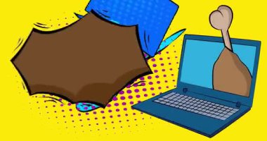 Çizgi dizüstü bilgisayar, tavuk budu ve kalçalı çizgi roman defteri. Retro çizgi roman pop sanat animasyonu.