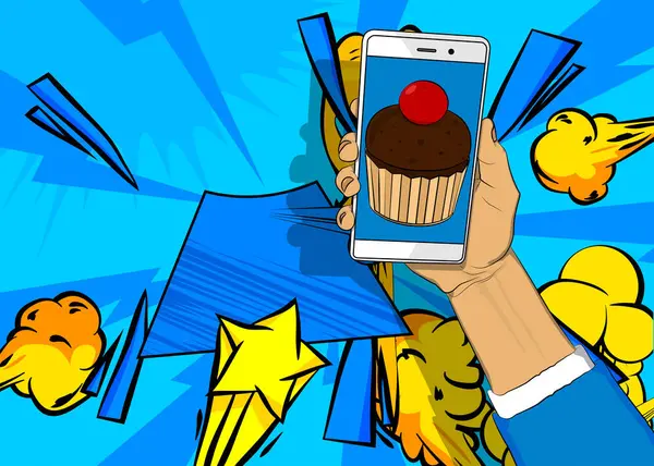 Çizgi film Smartphone, Cupcake 'le çizgi roman telefonu. Retro vektör çizgi romanları pop sanat tasarımı.