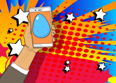 Çizgi film, akıllı telefon, çizgi roman, Paskalya yumurtalı telefon. Retro vektör çizgi romanları pop sanat tasarımı.