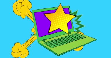 Çizgi dizüstü bilgisayar, Star 'lı çizgi roman defteri. Retro çizgi roman pop sanat animasyonu.