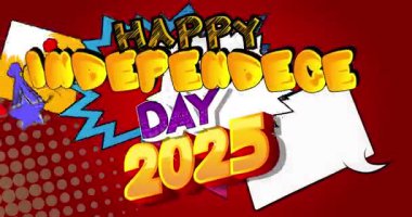Çizgi roman, pop sanatı baloncuğu Mutlu Bağımsızlık Günü 2025 metni. Çizgi roman hareketi grafikleri.
