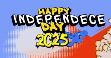 Çizgi roman, pop sanatı baloncuğu Mutlu Bağımsızlık Günü 2025 metni. Çizgi roman hareketi grafikleri.
