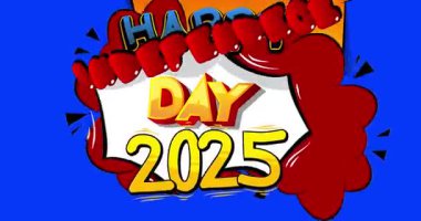 Çizgi roman, pop sanatı baloncuğu Mutlu Bağımsızlık Günü 2025 metni. Çizgi roman hareketi grafikleri.