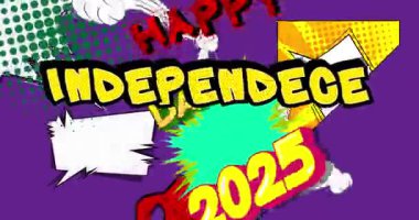 Çizgi roman, pop sanatı baloncuğu Mutlu Bağımsızlık Günü 2025 metni. Çizgi roman hareketi grafikleri.