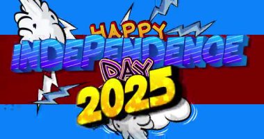 Çizgi roman, pop sanatı baloncuğu Mutlu Bağımsızlık Günü 2025 metni. Çizgi roman hareketi grafikleri.