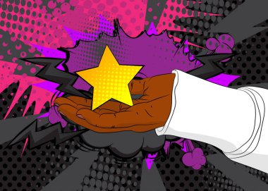 Çizgi film, çizgi roman insan eli Star 'ı tutuyor. Retro vektör çizgi romanları pop sanat tasarımı.