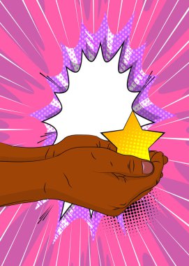 Çizgi film, çizgi roman insan eli Star 'ı tutuyor. Retro vektör çizgi romanları pop sanat tasarımı.