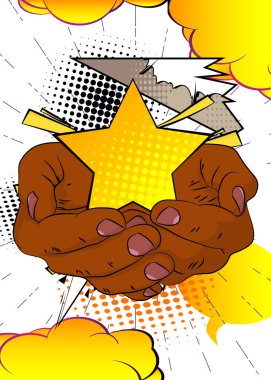 Çizgi film, çizgi roman insan eli Star 'ı tutuyor. Retro vektör çizgi romanları pop sanat tasarımı.