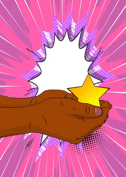 Çizgi film, çizgi roman insan eli Star 'ı tutuyor. Retro vektör çizgi romanları pop sanat tasarımı.