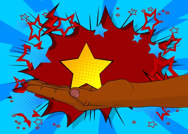 Çizgi film, çizgi roman insan eli Star 'ı tutuyor. Retro vektör çizgi romanları pop sanat tasarımı.