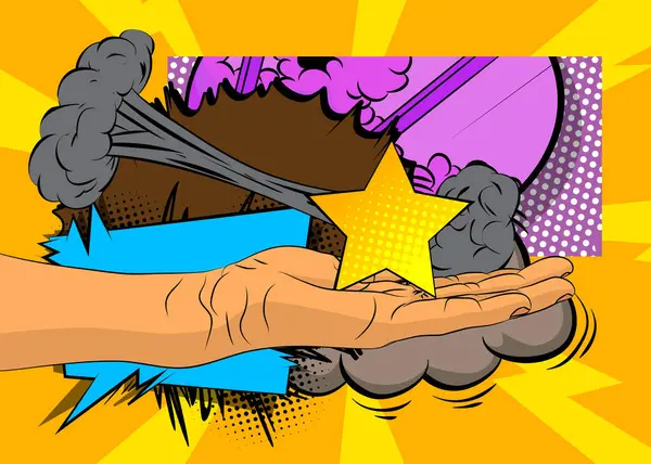 Çizgi film, çizgi roman insan eli Star 'ı tutuyor. Retro vektör çizgi romanları pop sanat tasarımı.