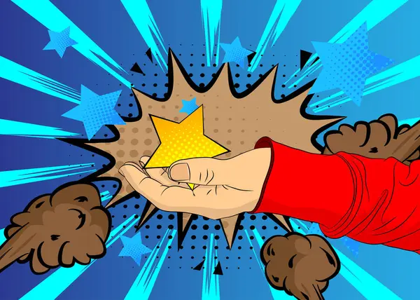 Çizgi film, çizgi roman insan eli Star 'ı tutuyor. Retro vektör çizgi romanları pop sanat tasarımı.