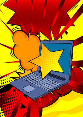 Çizgi dizüstü bilgisayar, Star 'lı çizgi roman defteri. Retro vektör çizgi romanları pop sanat tasarımı.