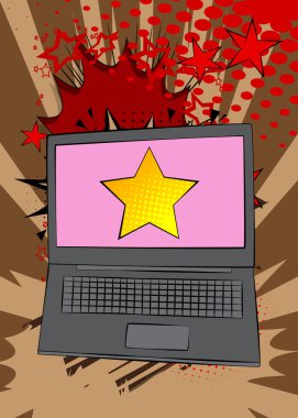 Çizgi dizüstü bilgisayar, Star 'lı çizgi roman defteri. Retro vektör çizgi romanları pop sanat tasarımı.