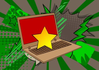 Çizgi dizüstü bilgisayar, Star 'lı çizgi roman defteri. Retro vektör çizgi romanları pop sanat tasarımı.