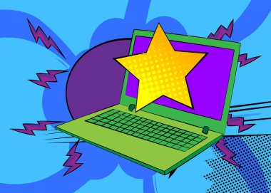 Çizgi dizüstü bilgisayar, Star 'lı çizgi roman defteri. Retro vektör çizgi romanları pop sanat tasarımı.