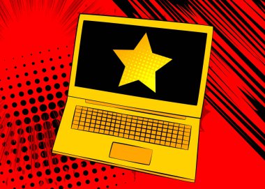 Çizgi dizüstü bilgisayar, Star 'lı çizgi roman defteri. Retro vektör çizgi romanları pop sanat tasarımı.
