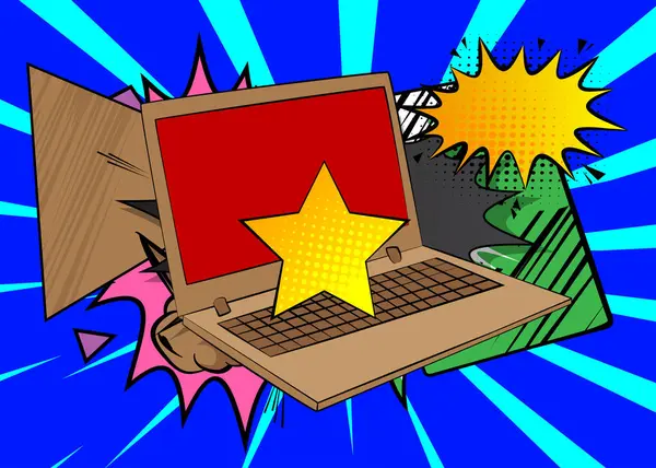 Çizgi dizüstü bilgisayar, Star 'lı çizgi roman defteri. Retro vektör çizgi romanları pop sanat tasarımı.