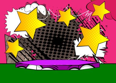 Çizgi roman ürünleri podyumu Star 'ın sunumu için. Retro çizgi roman arkaplanı.