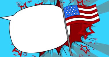 Boş konuşma balonlu çizgi film Amerikan Bayrağı, çizgi roman vatanseverlik videosu. Retro çizgi roman pop sanat animasyonu.
