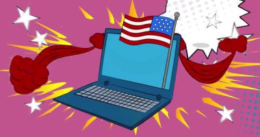 Çizgi film dizüstü bilgisayarı, Amerikan bayrağıyla çizgi roman defteri. Retro çizgi roman pop sanat animasyonu.