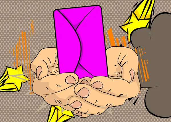 Çizgi film, çizgi roman insan eli, mektup zarfını tutuyor. Retro vektör çizgi romanları pop sanat tasarımı.