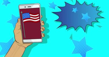 Çizgi film Smartphone, Amerikan Bayrağıyla Çizgi Roman Telefon. Retro animasyon, çizgi roman pop sanat videosu.