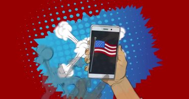 Çizgi film Smartphone, Amerikan Bayrağıyla Çizgi Roman Telefon. Retro animasyon, çizgi roman pop sanat videosu.