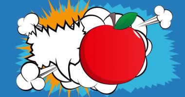 Boş konuşma balonlu çizgi film elması, çizgi roman meyve videosu. Retro çizgi roman pop sanat animasyonu.