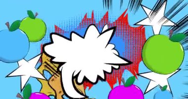 Boş konuşma balonlu çizgi film elması, çizgi roman meyve videosu. Retro çizgi roman pop sanat animasyonu.