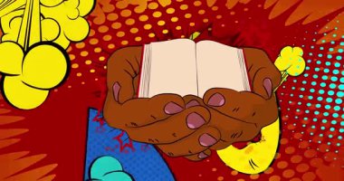 Çizgi film, çizgi roman insan eli kitabı. Retro video, çizgi roman pop sanat animasyonu.