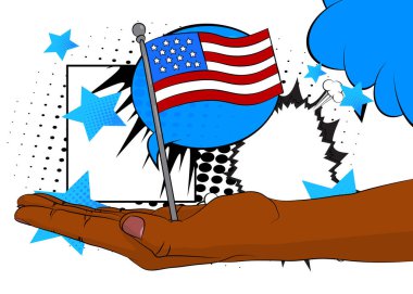 Çizgi film, çizgi roman insan eli Amerikan Bayrağı 'nı tutuyor. Retro vektör çizgi romanları pop sanat tasarımı.