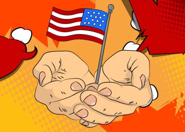 Çizgi film, çizgi roman insan eli Amerikan Bayrağı 'nı tutuyor. Retro vektör çizgi romanları pop sanat tasarımı.