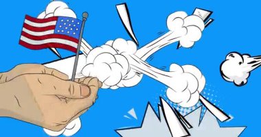 Çizgi film, çizgi roman insan eli Amerikan Bayrağı 'nı tutuyor. Retro video, çizgi roman pop sanat animasyonu.