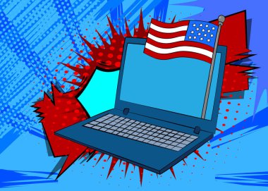 Çizgi film dizüstü bilgisayarı, Amerikan bayrağıyla çizgi roman defteri. Retro vektör çizgi romanları pop sanat tasarımı.