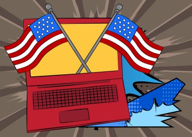 Çizgi film dizüstü bilgisayarı, Amerikan bayrağıyla çizgi roman defteri. Retro vektör çizgi romanları pop sanat tasarımı.