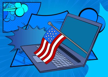 Çizgi film dizüstü bilgisayarı, Amerikan bayrağıyla çizgi roman defteri. Retro vektör çizgi romanları pop sanat tasarımı.
