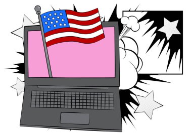 Çizgi film dizüstü bilgisayarı, Amerikan bayrağıyla çizgi roman defteri. Retro vektör çizgi romanları pop sanat tasarımı.