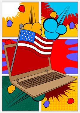 Çizgi film dizüstü bilgisayarı, Amerikan bayrağıyla çizgi roman defteri. Retro vektör çizgi romanları pop sanat tasarımı.