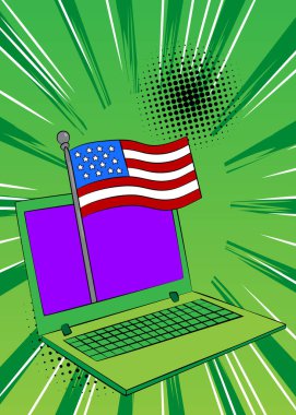Çizgi film dizüstü bilgisayarı, Amerikan bayrağıyla çizgi roman defteri. Retro vektör çizgi romanları pop sanat tasarımı.
