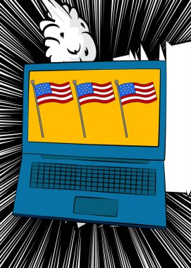 Çizgi film dizüstü bilgisayarı, Amerikan bayrağıyla çizgi roman defteri. Retro vektör çizgi romanları pop sanat tasarımı.