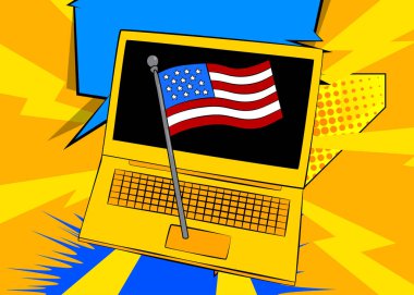 Çizgi film dizüstü bilgisayarı, Amerikan bayrağıyla çizgi roman defteri. Retro vektör çizgi romanları pop sanat tasarımı.