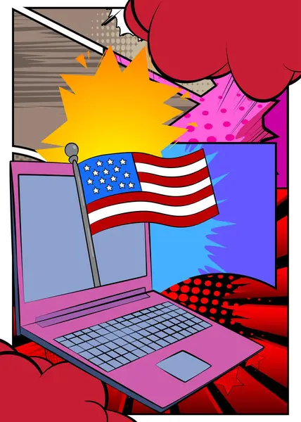 Çizgi film dizüstü bilgisayarı, Amerikan bayrağıyla çizgi roman defteri. Retro vektör çizgi romanları pop sanat tasarımı.