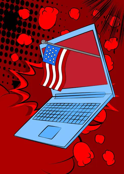 Çizgi film dizüstü bilgisayarı, Amerikan bayrağıyla çizgi roman defteri. Retro vektör çizgi romanları pop sanat tasarımı.