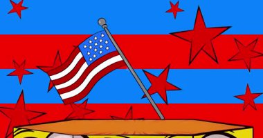 Amerikan Bayrağı 'nın sunumu için Comic Book Product sahne animasyonu. Retro çizgi roman arkaplan videosu.