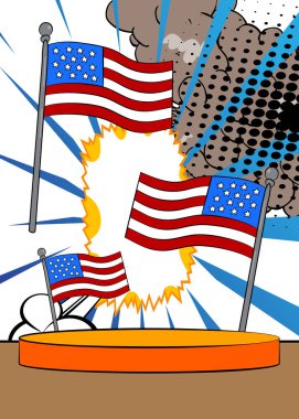American Flag 'in sunumu için Comic Book Product podyumu. Retro çizgi roman arkaplanı.